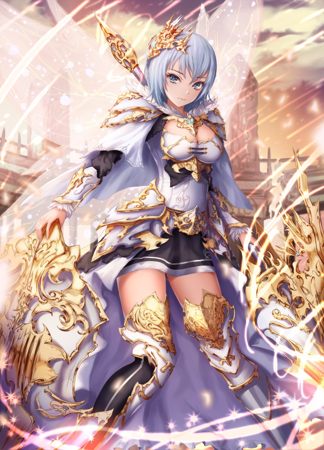 armor, cleavage, h2o_(dfo), thighhighs, weapon
