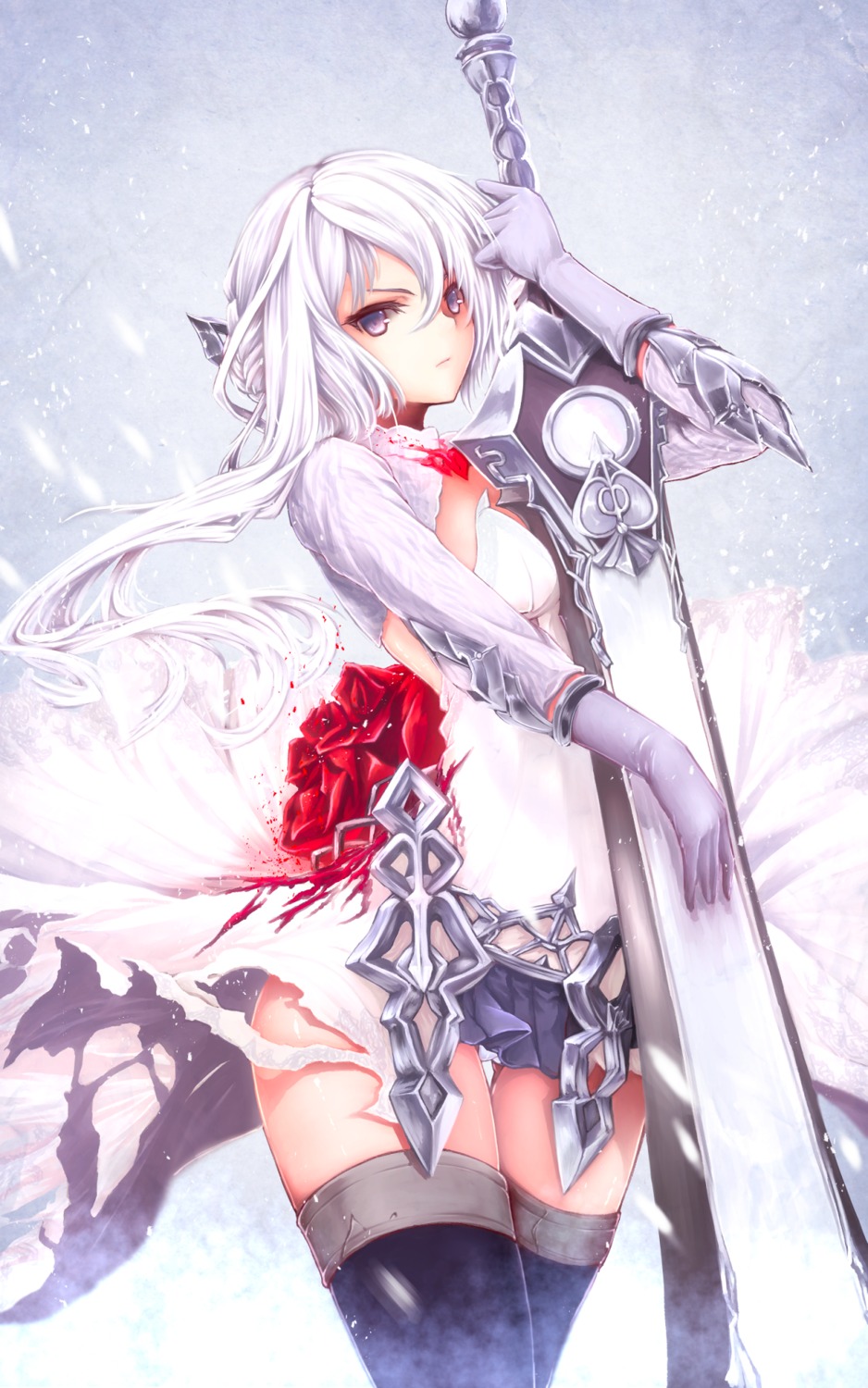 armor, gizensha, sinoalice, snow_white_(sinoalice), sword, thighhighs, torn_clothes