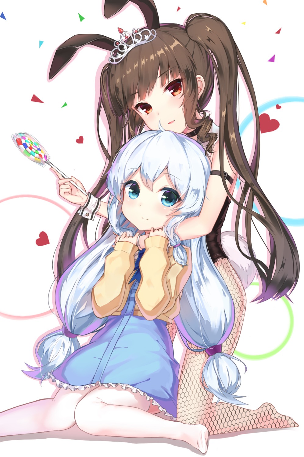 animal_ears, bunny_ears, bunny_girl, dress, feet, fishnets, lily_bloomerchen, pantyhose, soul_worker, stella_unibell, tail, thighhighs, tsubaki_(yi), yuri