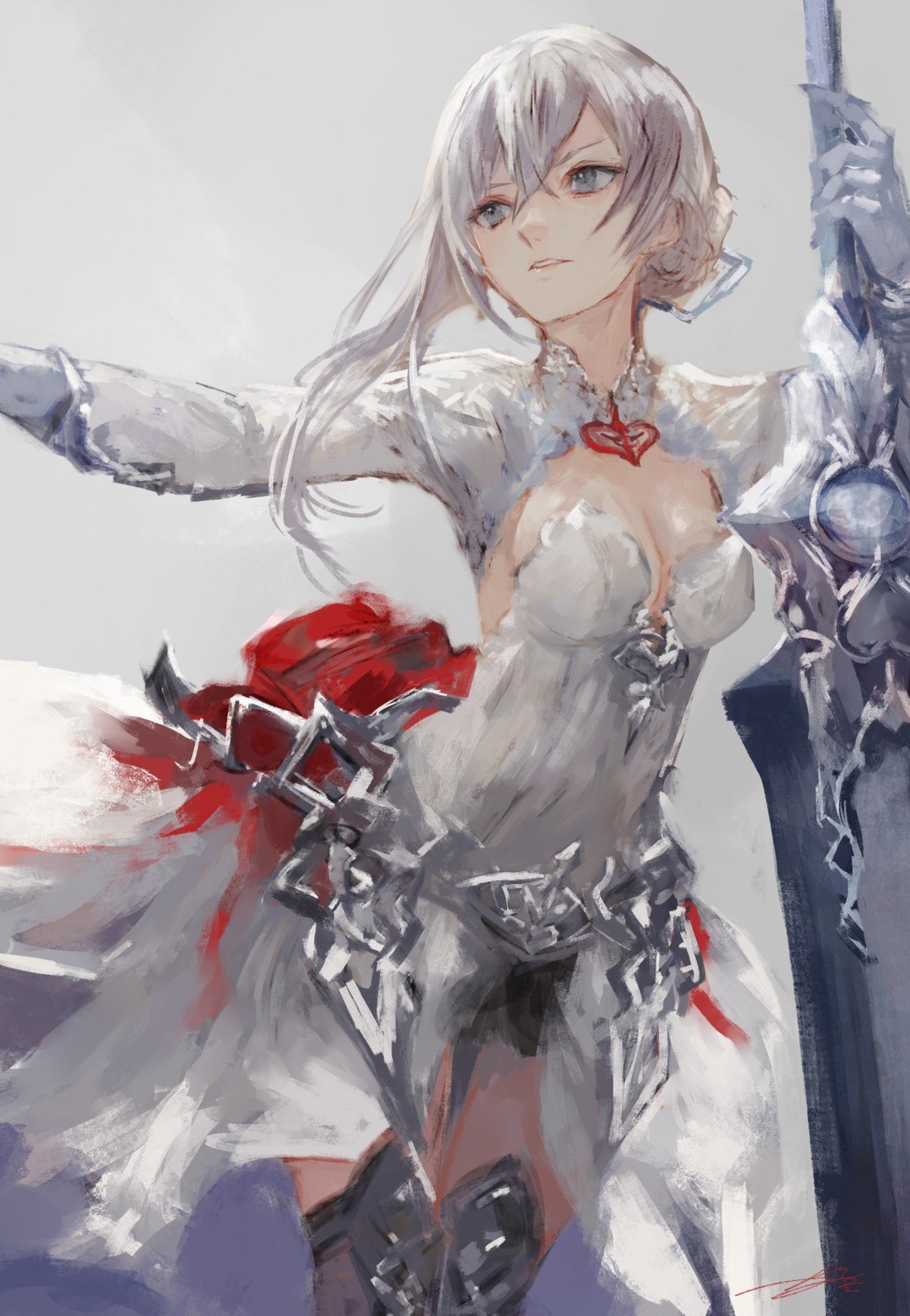 cleavage, dress, kouzuki_kei, sinoalice, snow_white_(sinoalice), sword, thighhighs