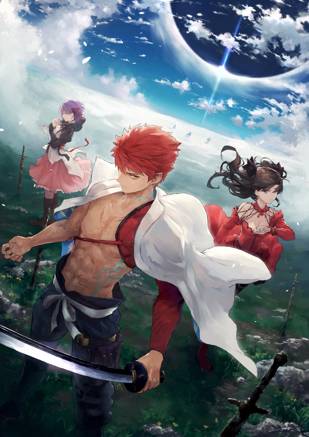cleavage, dress, emiya_shirou, fate/stay_night, kouzuki_kei, matou_sakura, sword, toosaka_rin