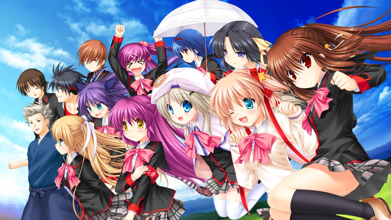 futaki_kanata, hinoue_itaru, inohara_masato, japanese_clothes, kamikita_komari, key, kurugaya_yuiko, little_busters!, miyazawa_kengo, na-ga, naoe_riki, natsume_kyousuke, natsume_rin, nishizono_mio, noumi_kudryavka, saigusa_haruka, sasasegawa_sasami, seifuku, sweater, thighhighs, tokido_saya, umbrella, wallpaper
