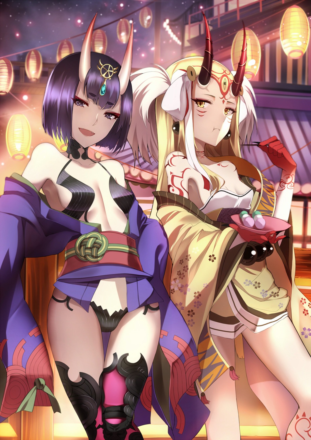 cleavage, fate/grand_order, horns, ibaraki_douji_(fate), japanese_clothes, no_bra, open_shirt, pantsu