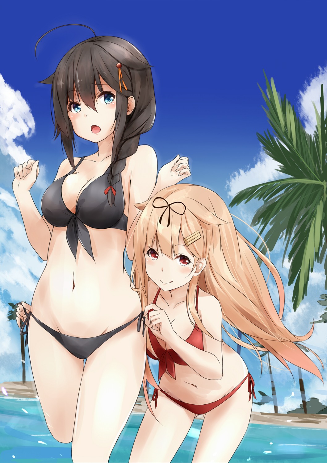 bikini, cleavage, kantai_collection, saku_(kudrove), shigure_(kancolle), swimsuits, undressing, yuudachi_(kancolle)