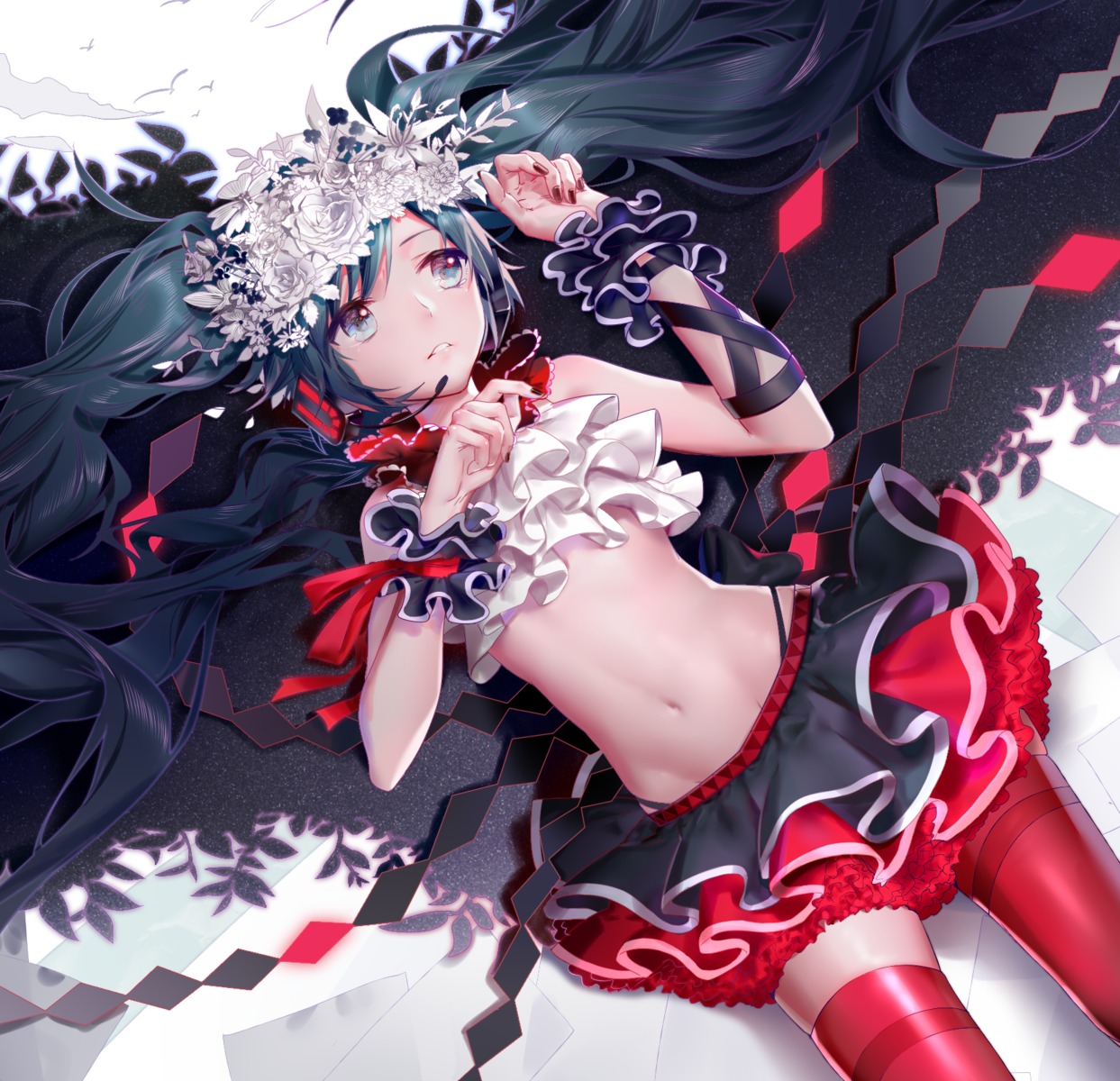 hatsune_miku, headphones, nisoku_hokou_(vocaloid), thighhighs, vocaloid, yyb