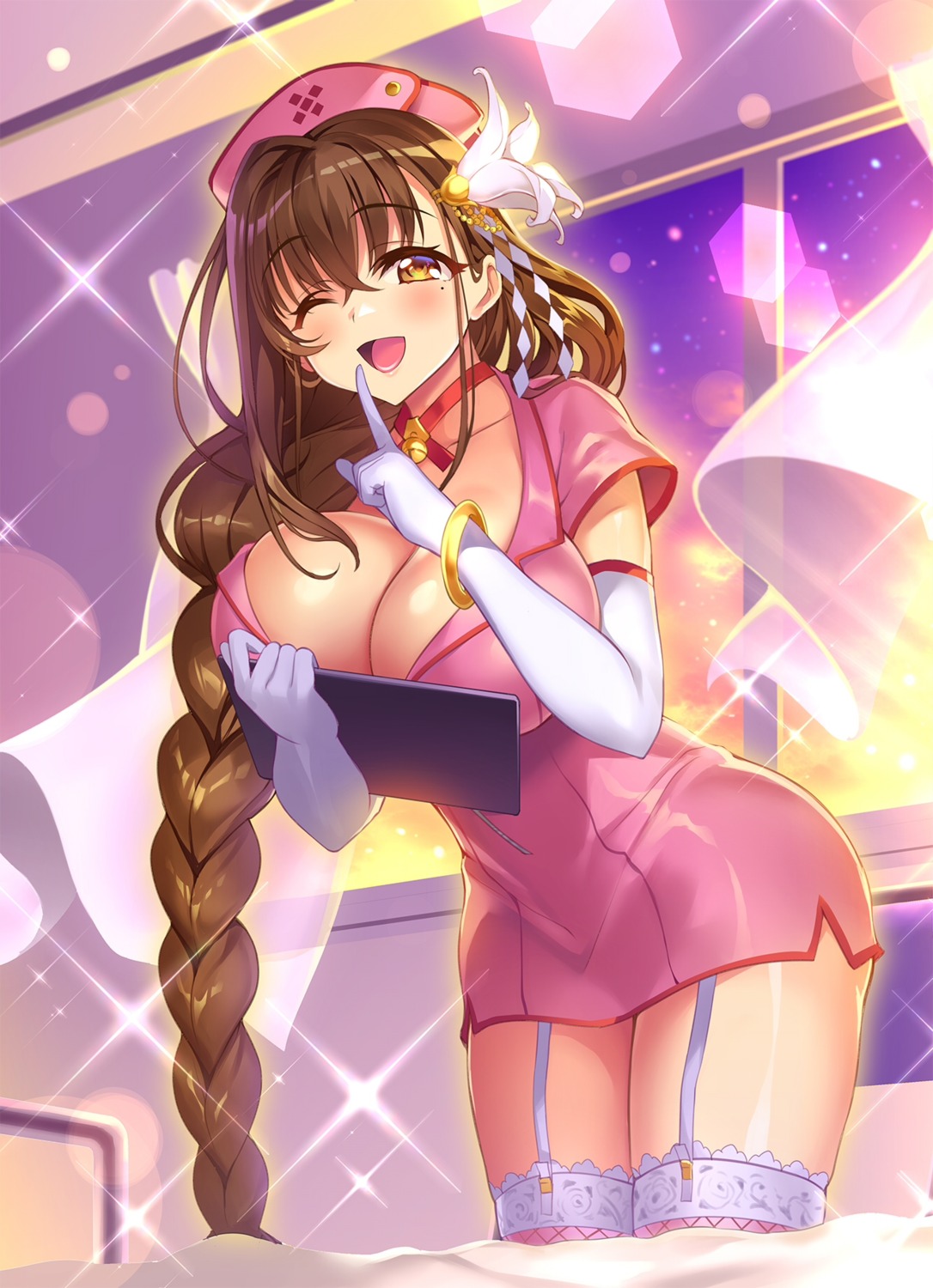 cleavage, kanpani_girls, nurse, senri_gan, shirayuri_sakura, stockings, thighhighs