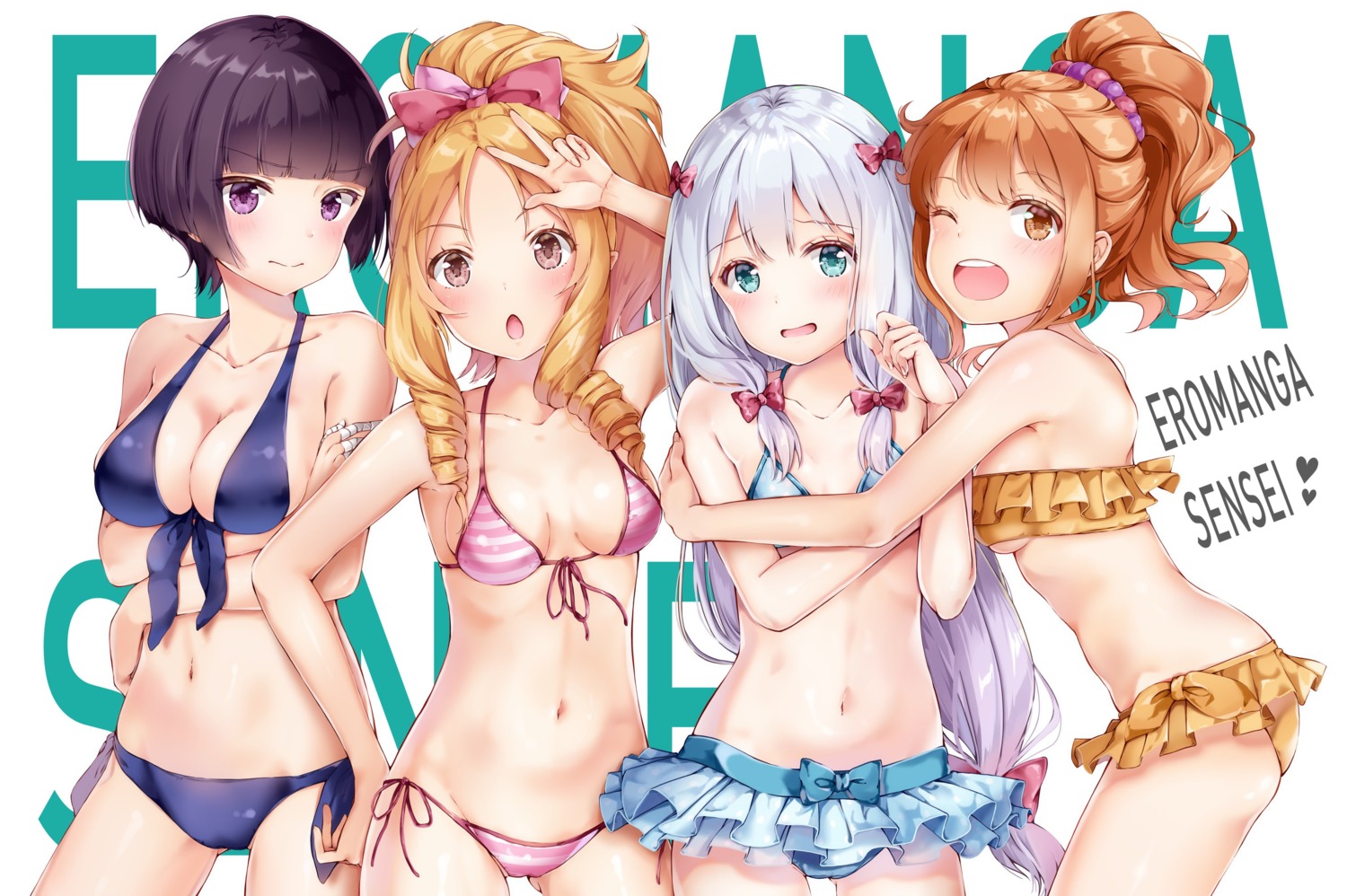 bikini, breast_hold, cleavage, eromanga-sensei, izumi_sagiri, jinno_megumi, pointy_ears, senju_muramasa, swimsuits, yamada_elf, yoshida_iyo