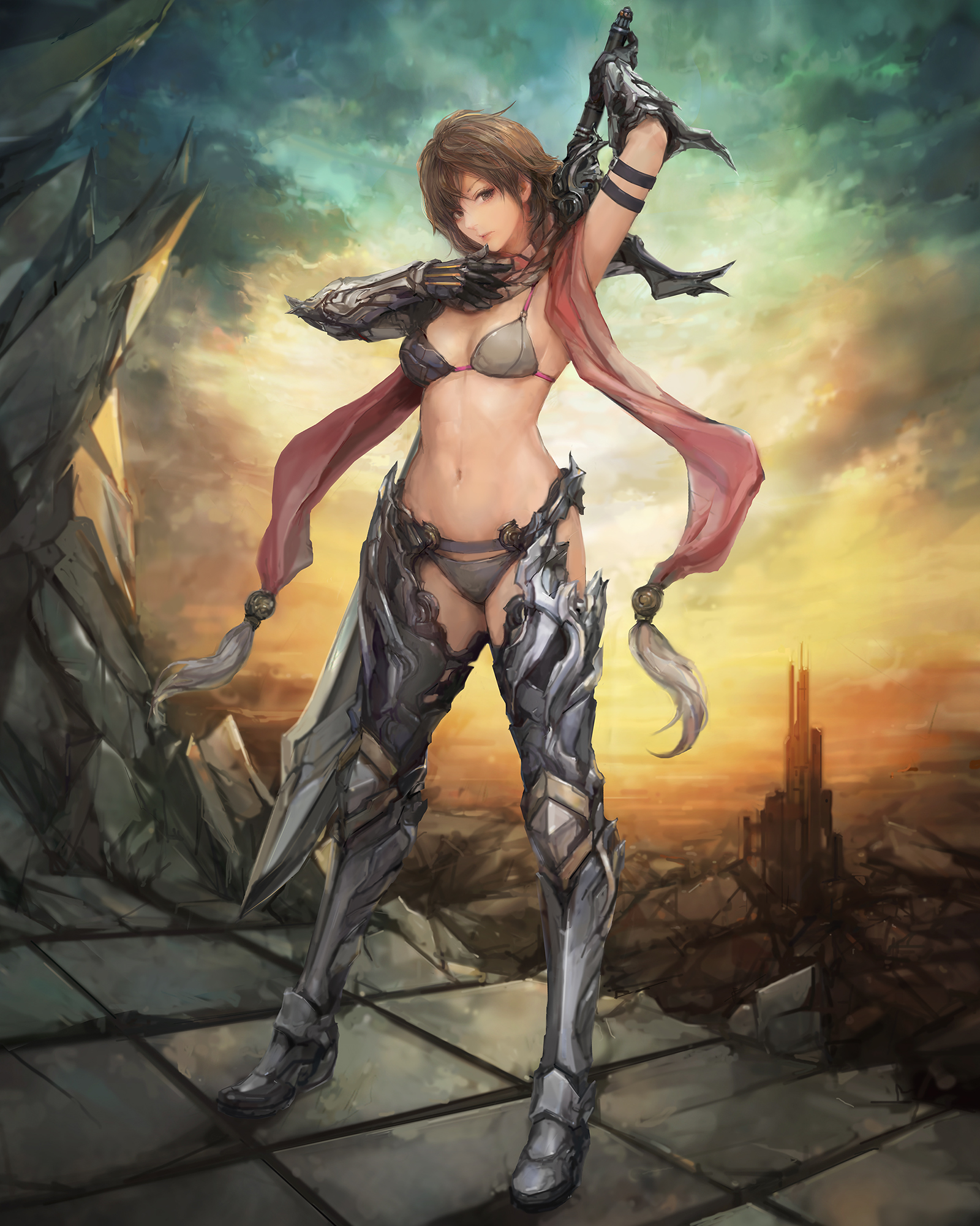 armor, bikini_armor, cleavage, miche, sword, thighhighs