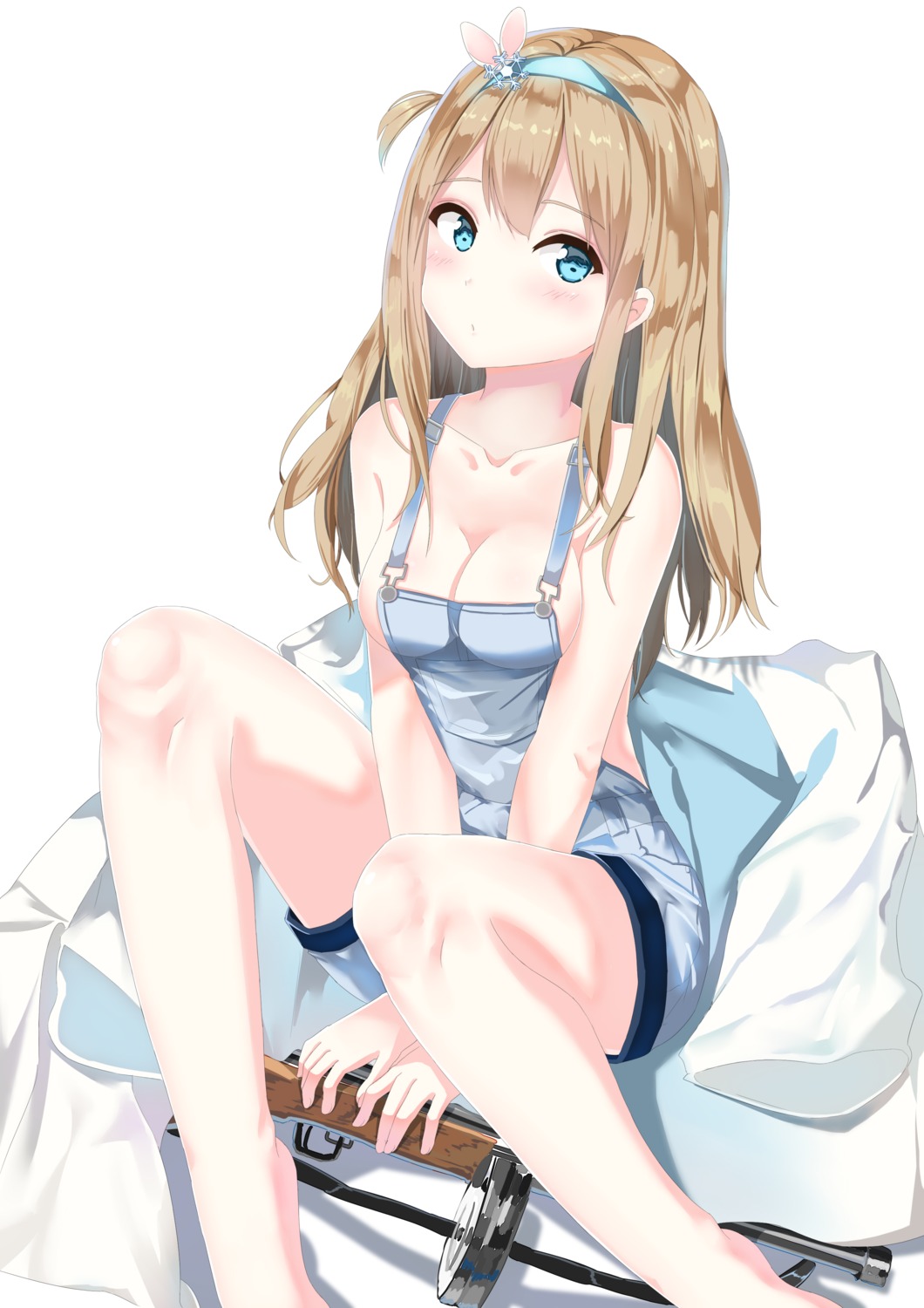 feet, gatari, girls_frontline, gun, no_bra, overalls, suomi_kp31_(girls_frontline)