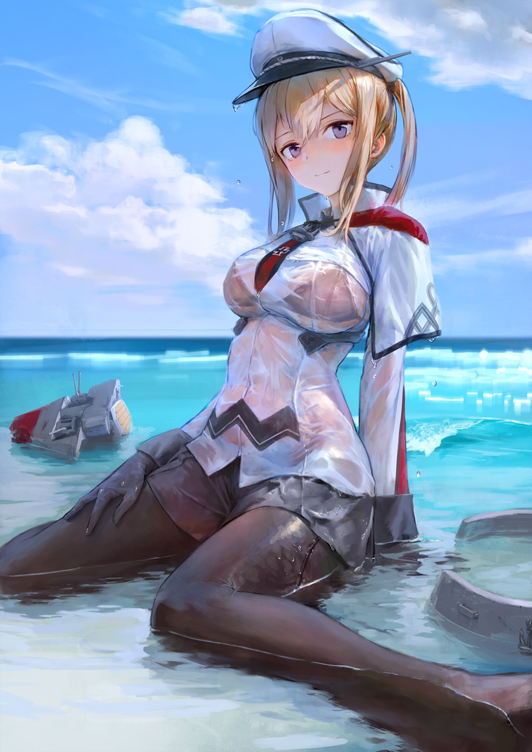bra, graf_zeppelin_(kancolle), kantai_collection, mecha, pantyhose, see_through, treeware, uniform, wet, wet_clothes