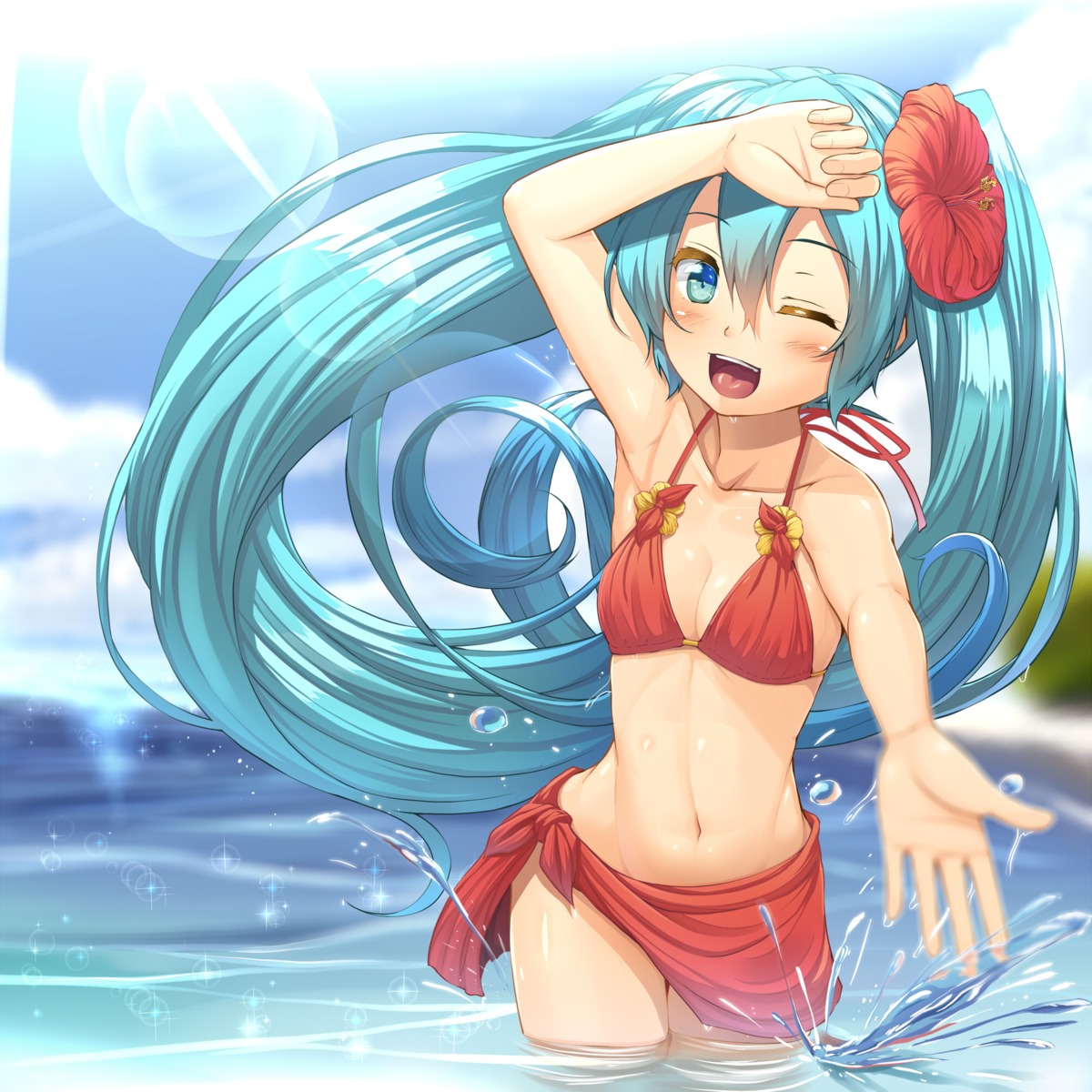 bikini, cleavage, hatsune_miku, kitsunerider, swimsuits, vocaloid, wet