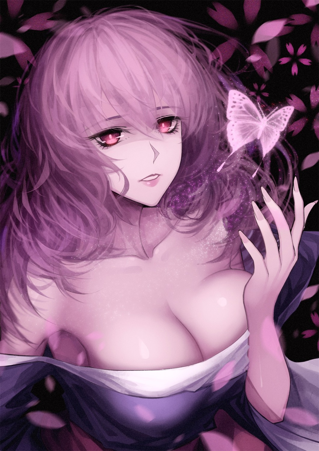 breast_hold, cleavage, kimono, no_bra, red-d, saigyouji_yuyuko, touhou