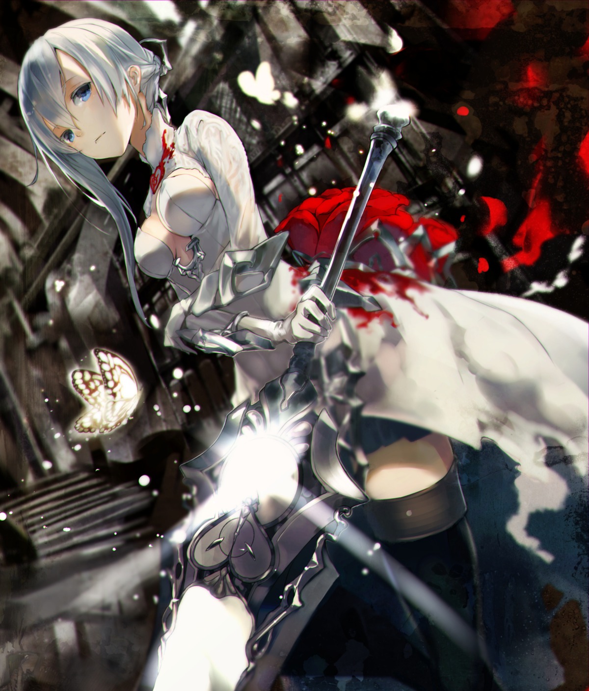 armor, cruel_gz, dress, no_bra, sinoalice, snow_white_(sinoalice), sword, thighhighs
