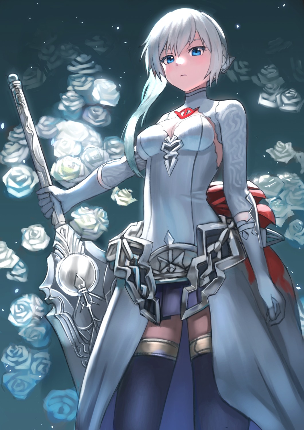 cleavage, dress, sinoalice, snow_white_(sinoalice), sword, thighhighs, wasabi60