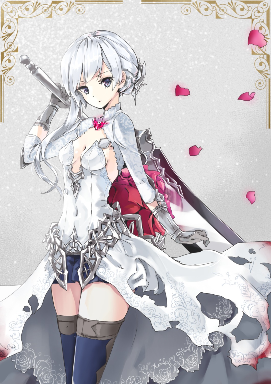 cleavage, dress, no_bra, shironeko_yuuki, sinoalice, snow_white_(sinoalice), sword, thighhighs, torn_clothes