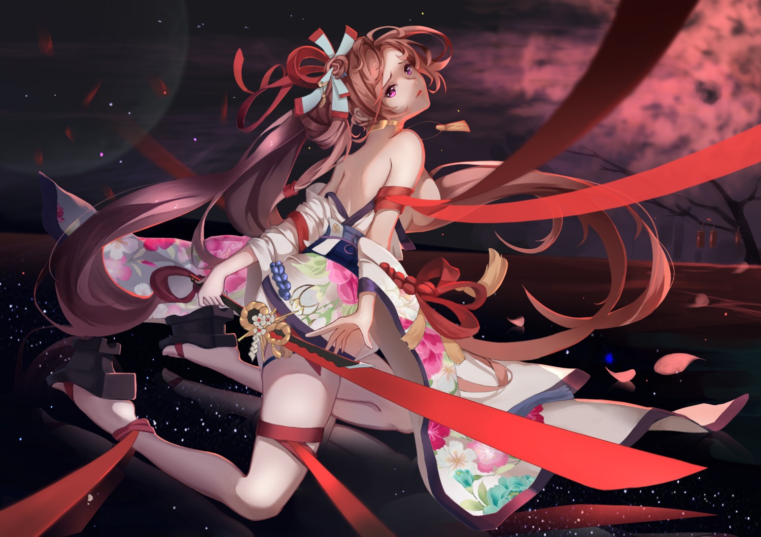 japanese_clothes, no_bra, onmyouji, open_shirt, sword, yoto_hime_(onmyouji), yun_lin