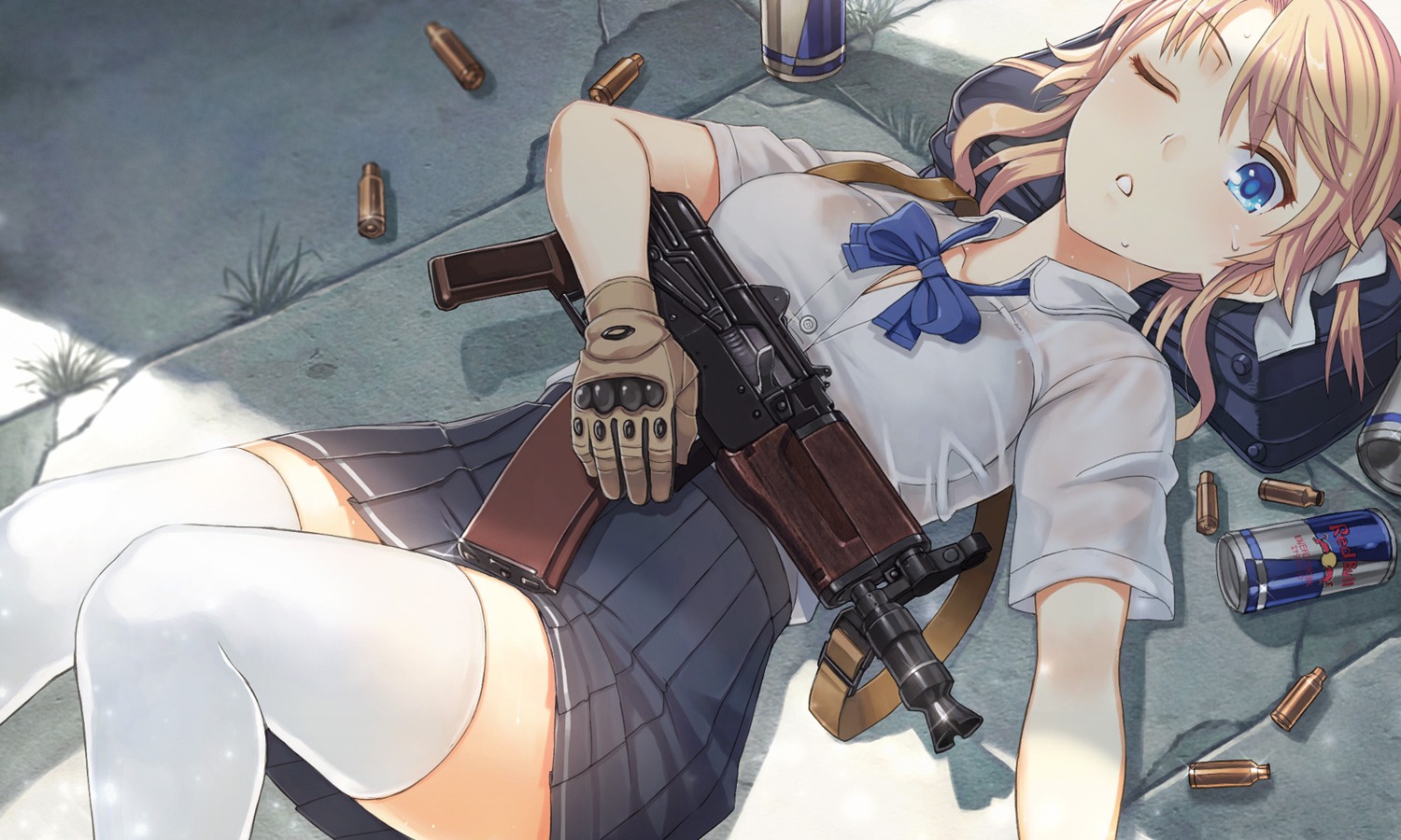 bra, cleavage, gun, itou_(onsoku_tassha), see_through, seifuku, thighhighs, wet_clothes