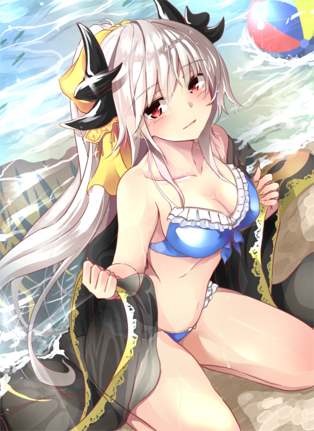 bikini, cleavage, fate/grand_order, fuu_(fuore), horns, kiyohime_(fate), open_shirt, see_through, swimsuits