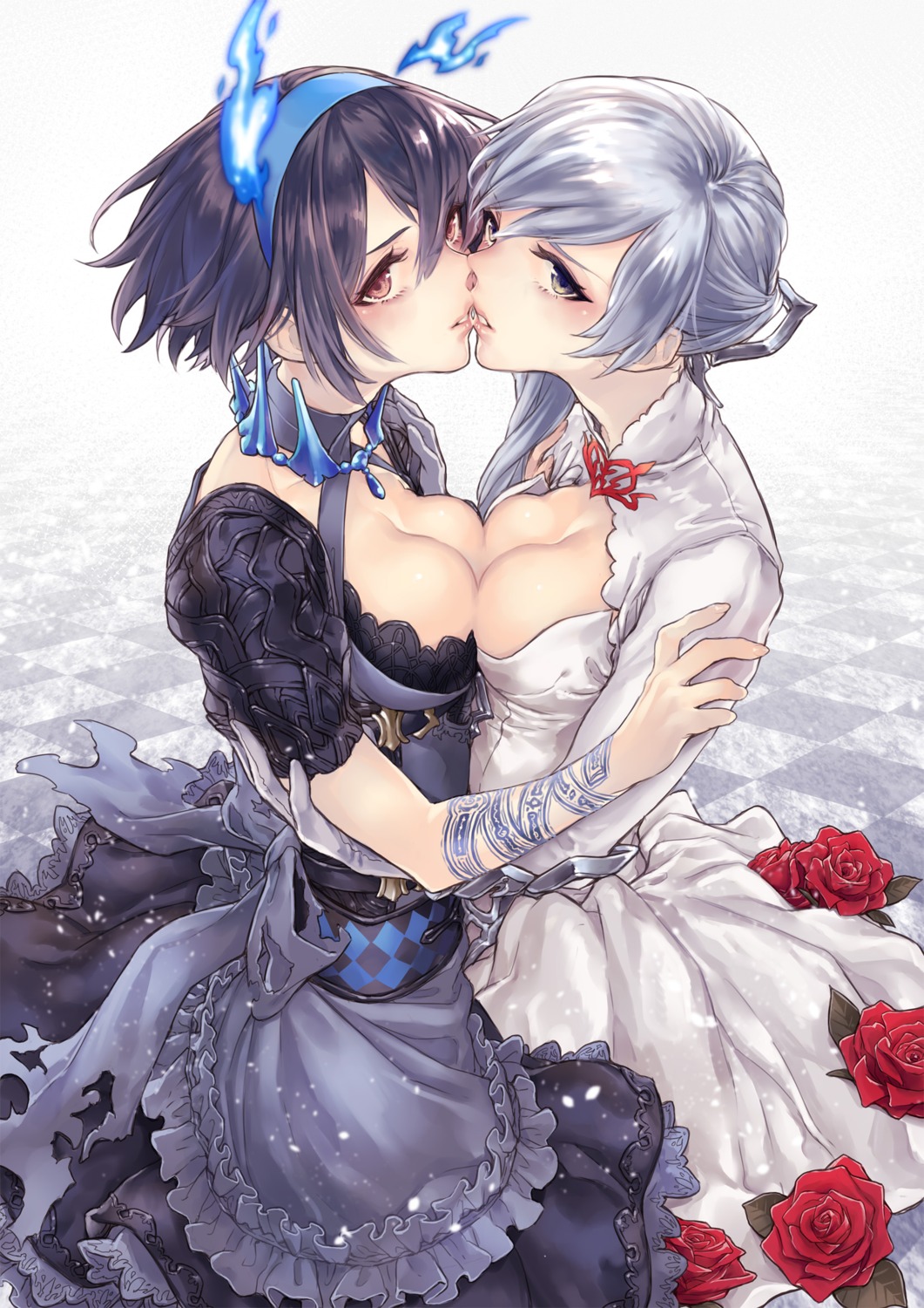 alice_(sinoalice), cleavage, dress, rororogi_mogera, sinoalice, snow_white_(sinoalice), symmetrical_docking, tattoo