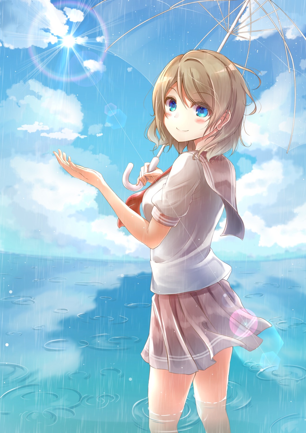love_live!_(series), love_live!_sunshine!!, seifuku, sonoko_neko, umbrella, watanabe_you, wet