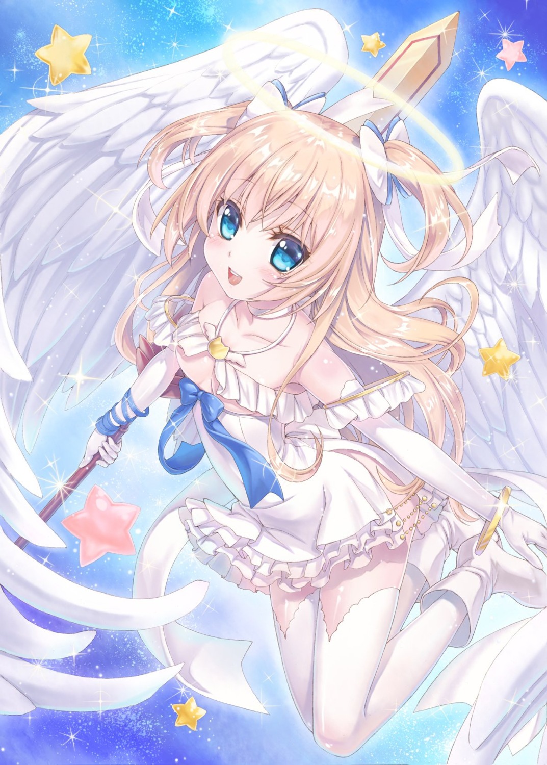 angel, dress, emori_el, emori_miku_project, heels, no_bra, sword, taue_shunsuke, thighhighs, wings