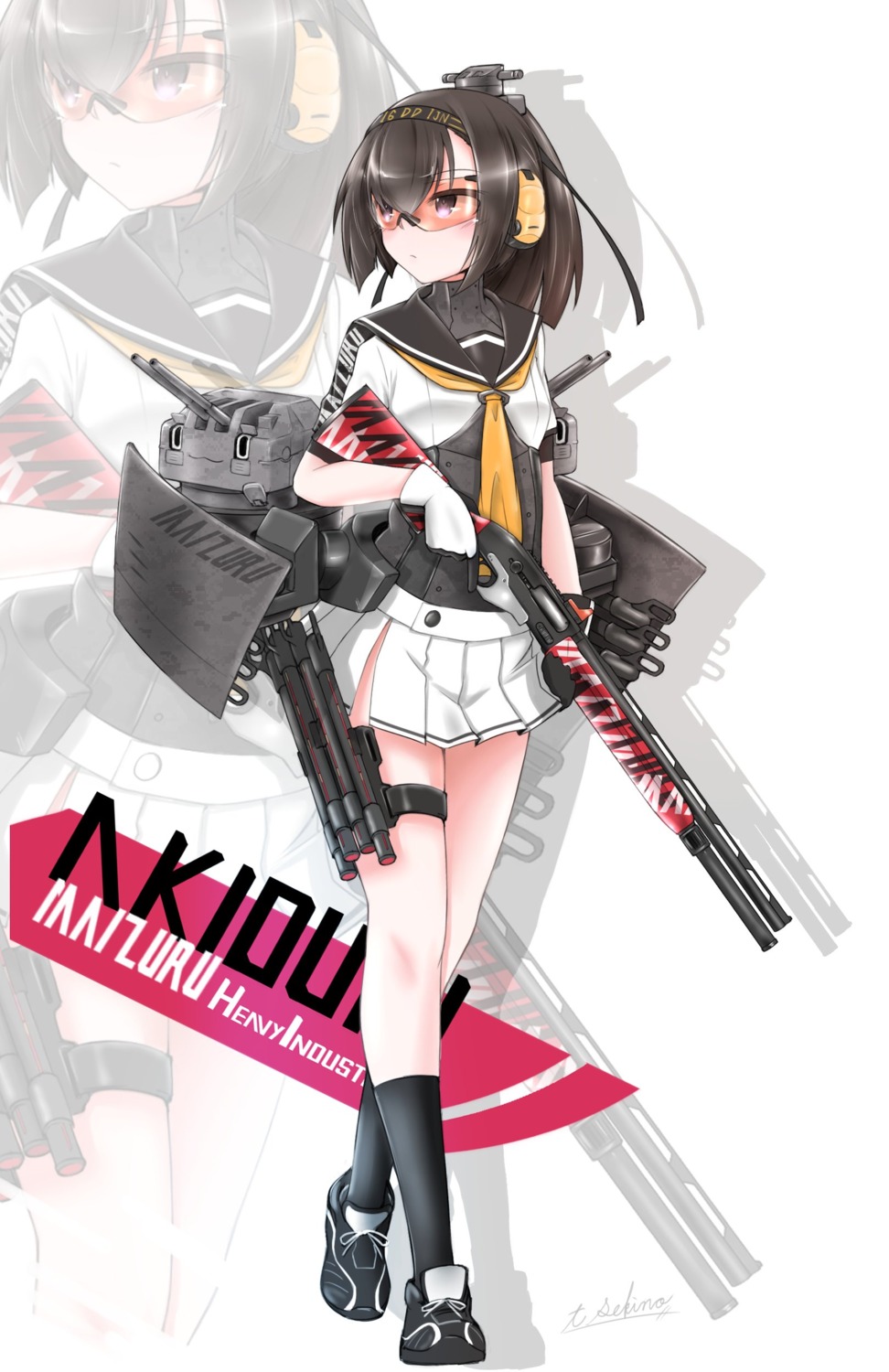 akizuki_(kancolle), gun, headphones, kantai_collection, seifuku, sekino_takehiro