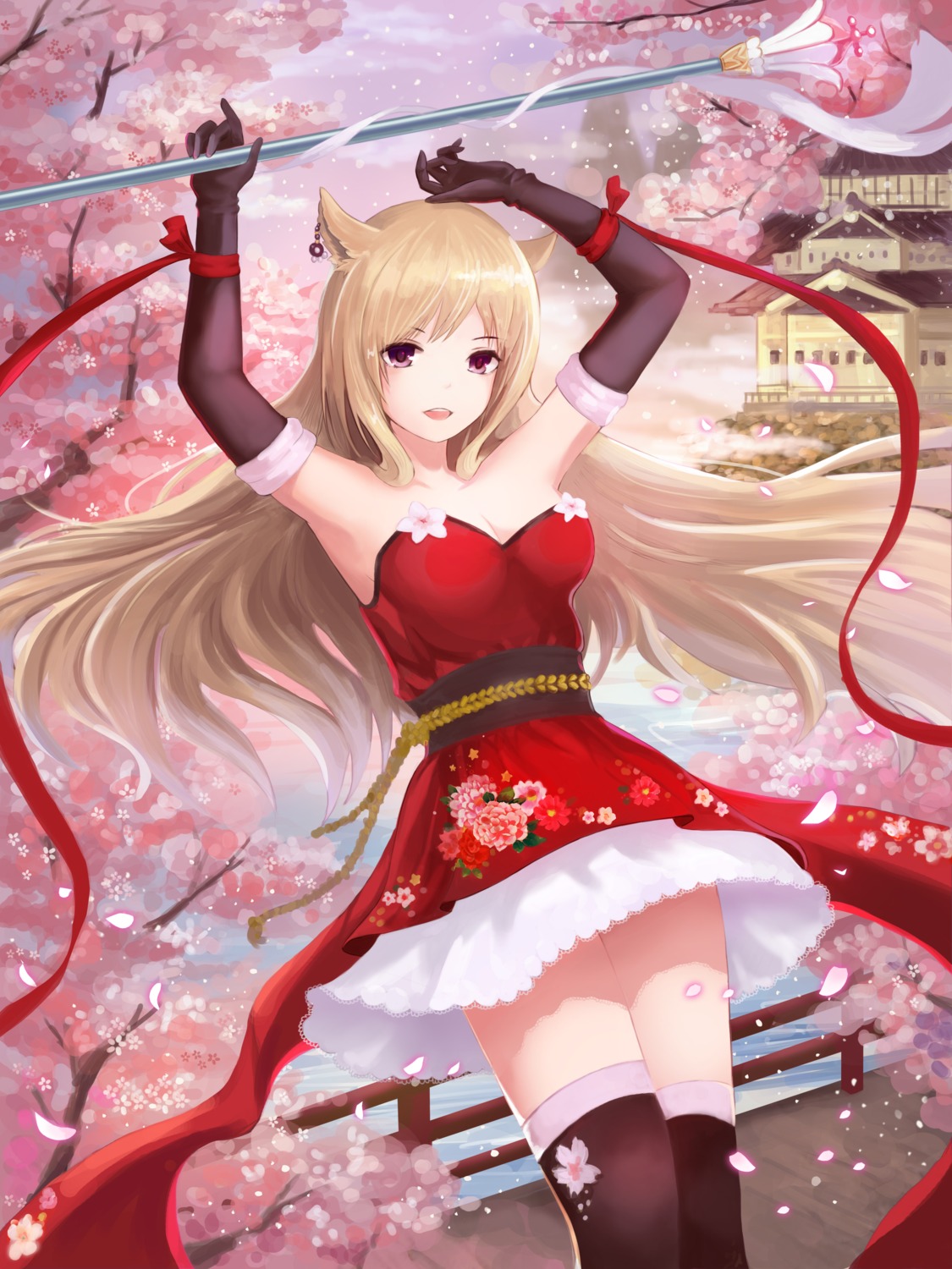 animal_ears, cleavage, dew, dress, thighhighs, weapon