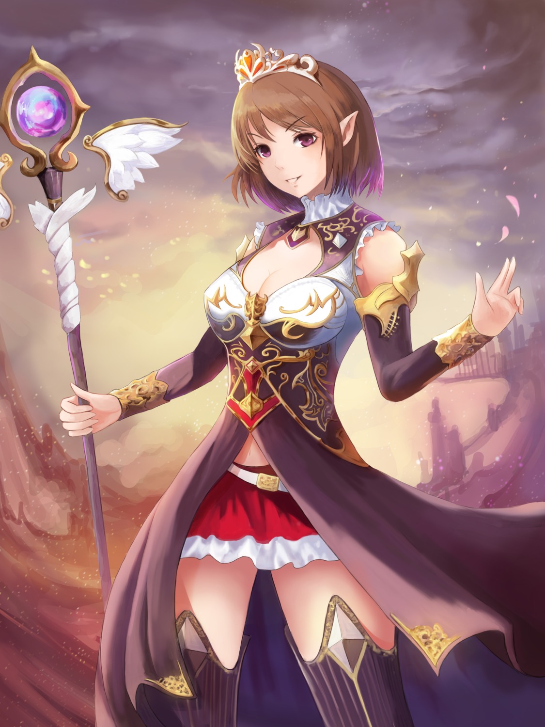 cleavage, dew, pointy_ears, thighhighs, weapon
