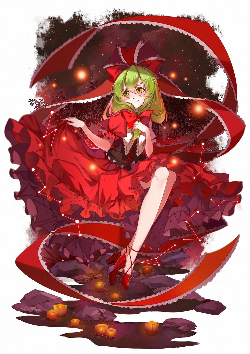 dress, heels, kagiyama_hina, skirt_lift, touhou, vieny