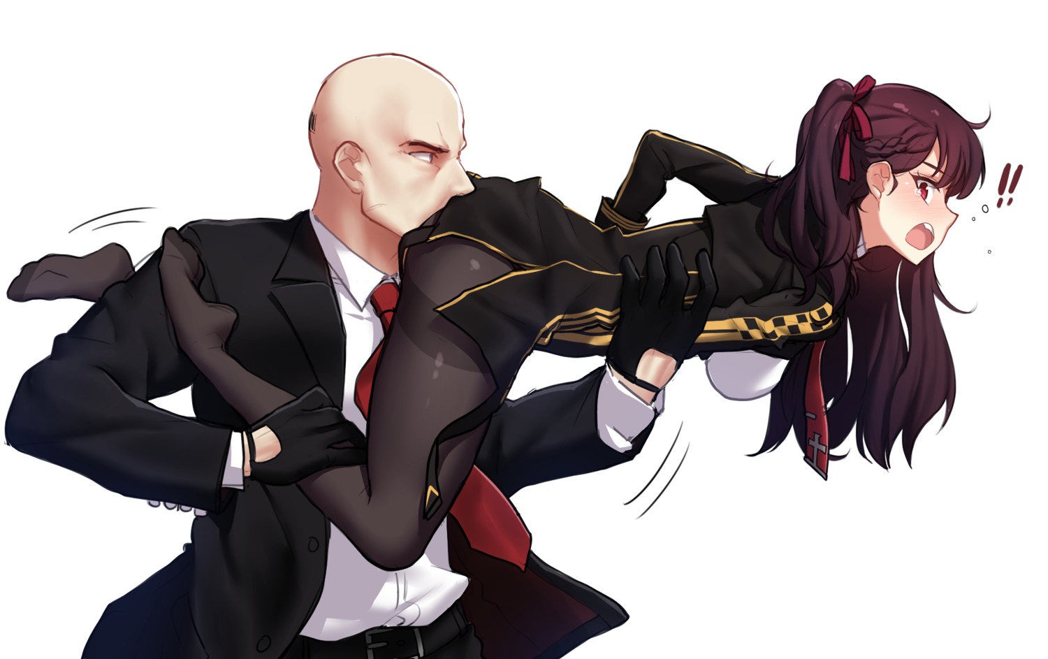 agent_47, business_suit, girls_frontline, hitman, narynn, pantyhose, tattoo, uniform, wa2000_(girls_frontline)