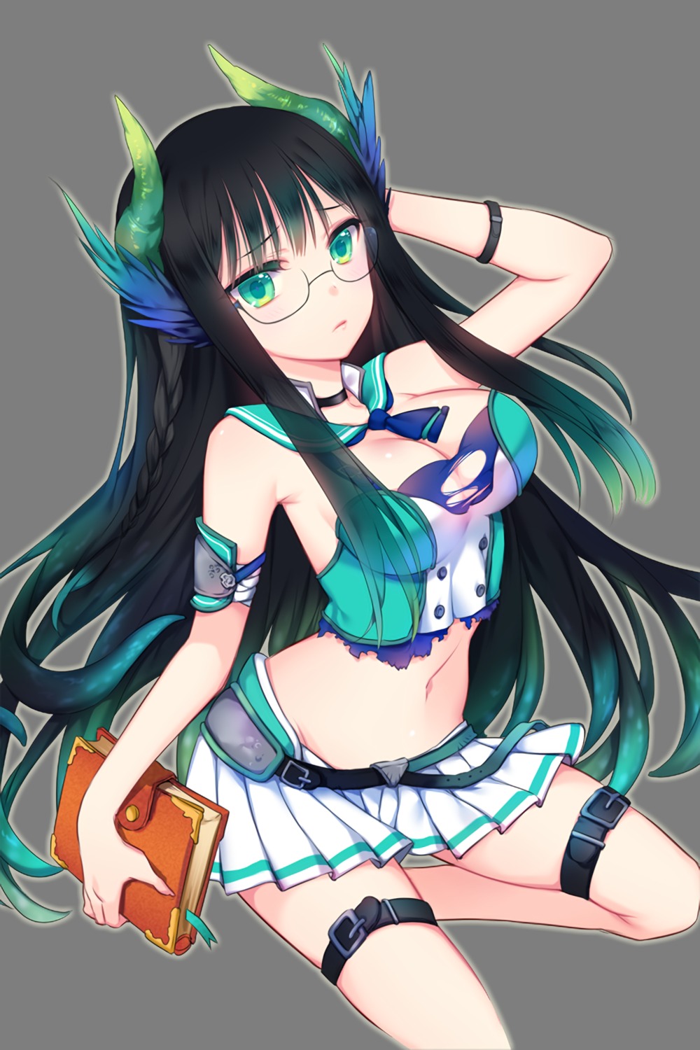 bittersweet, cleavage, garter, horns, megane, soccer_spirits, torn_clothes, transparent_png