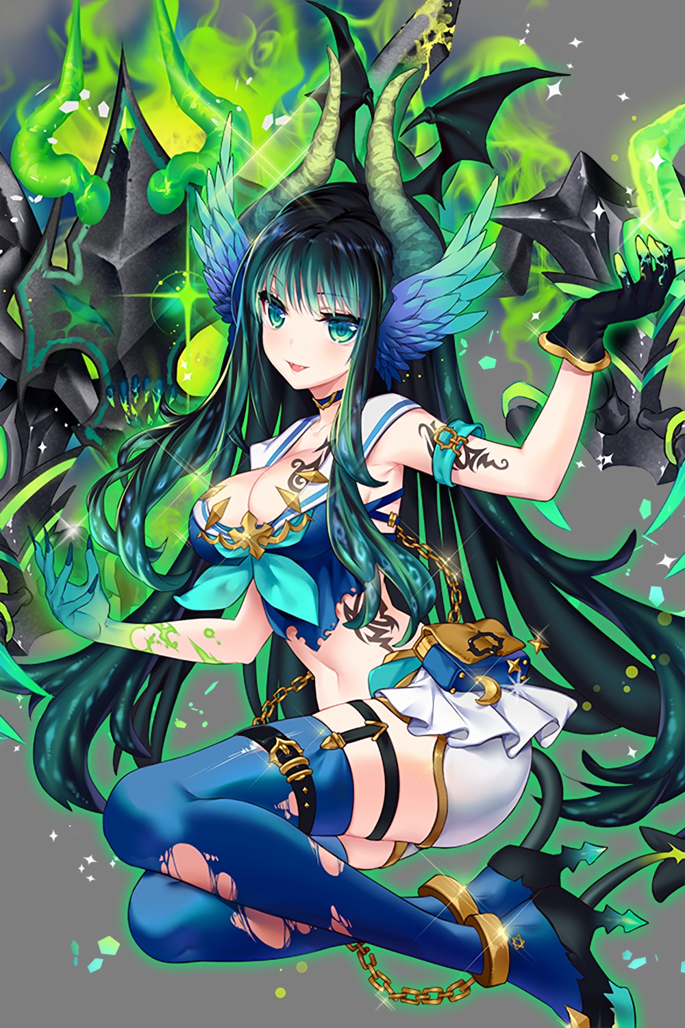 bittersweet, cleavage, heels, horns, soccer_spirits, stockings, tail, tattoo