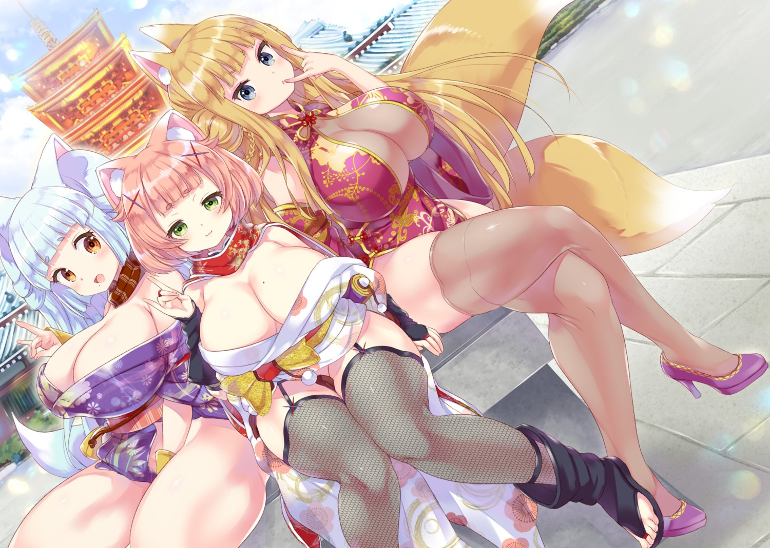 animal_ears, chinadress, fishnets, heels, kitsune, no_bra, open_shirt, stockings, tail, thighhighs, urute, yukata