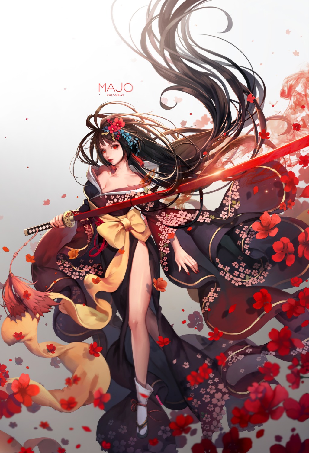cleavage, kimono, majo, sword