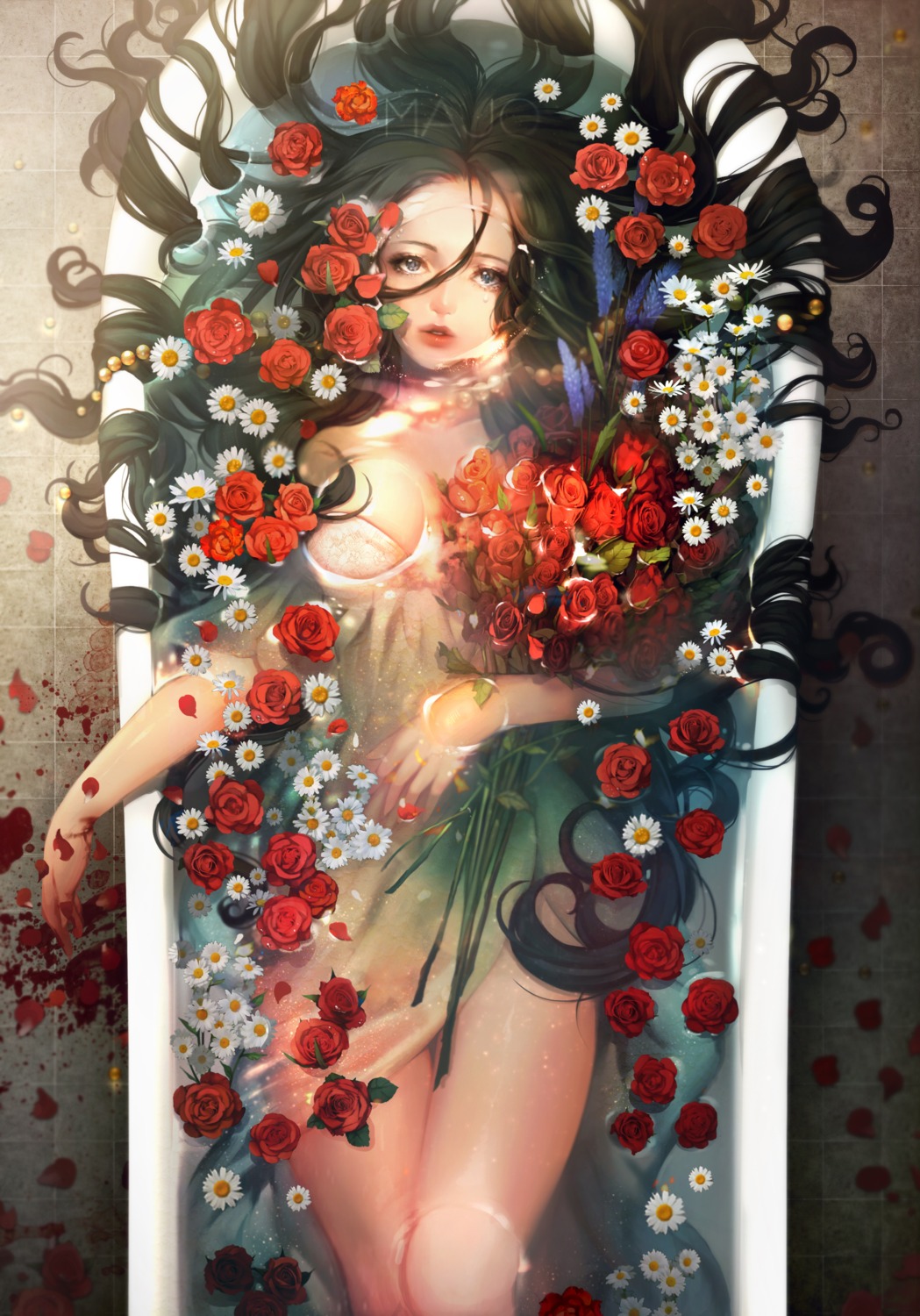 blood, dress, majo, see_through, wet, wet_clothes