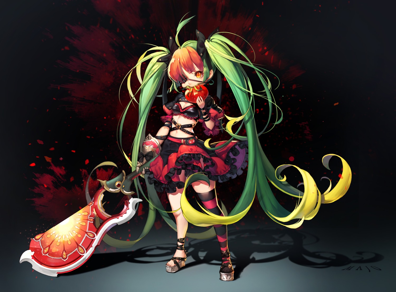 cleavage, eyepatch, majo, thighhighs, weapon