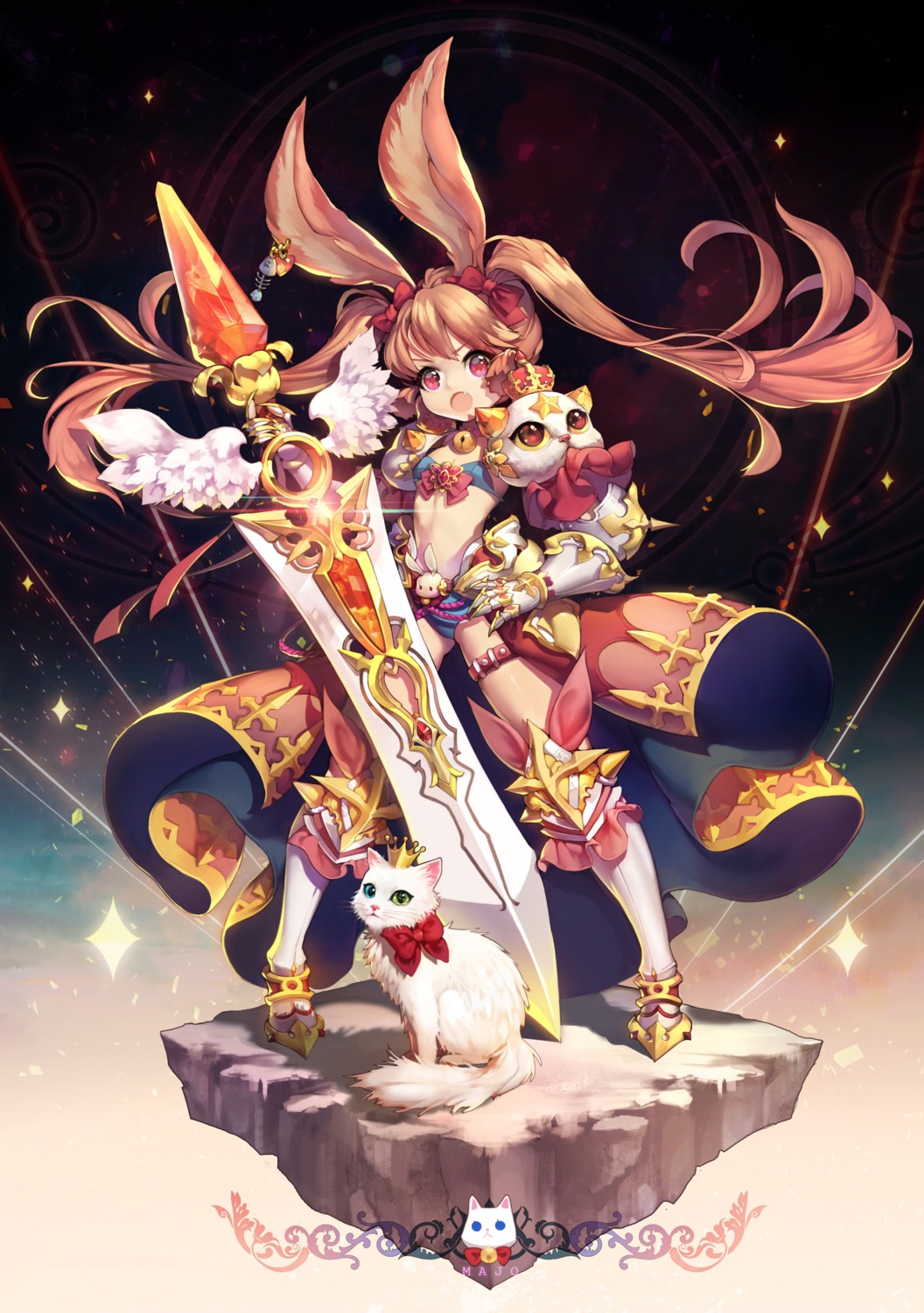 animal_ears, armor, bikini_armor, bunny_ears, cleavage, garter, heterochromia, majo