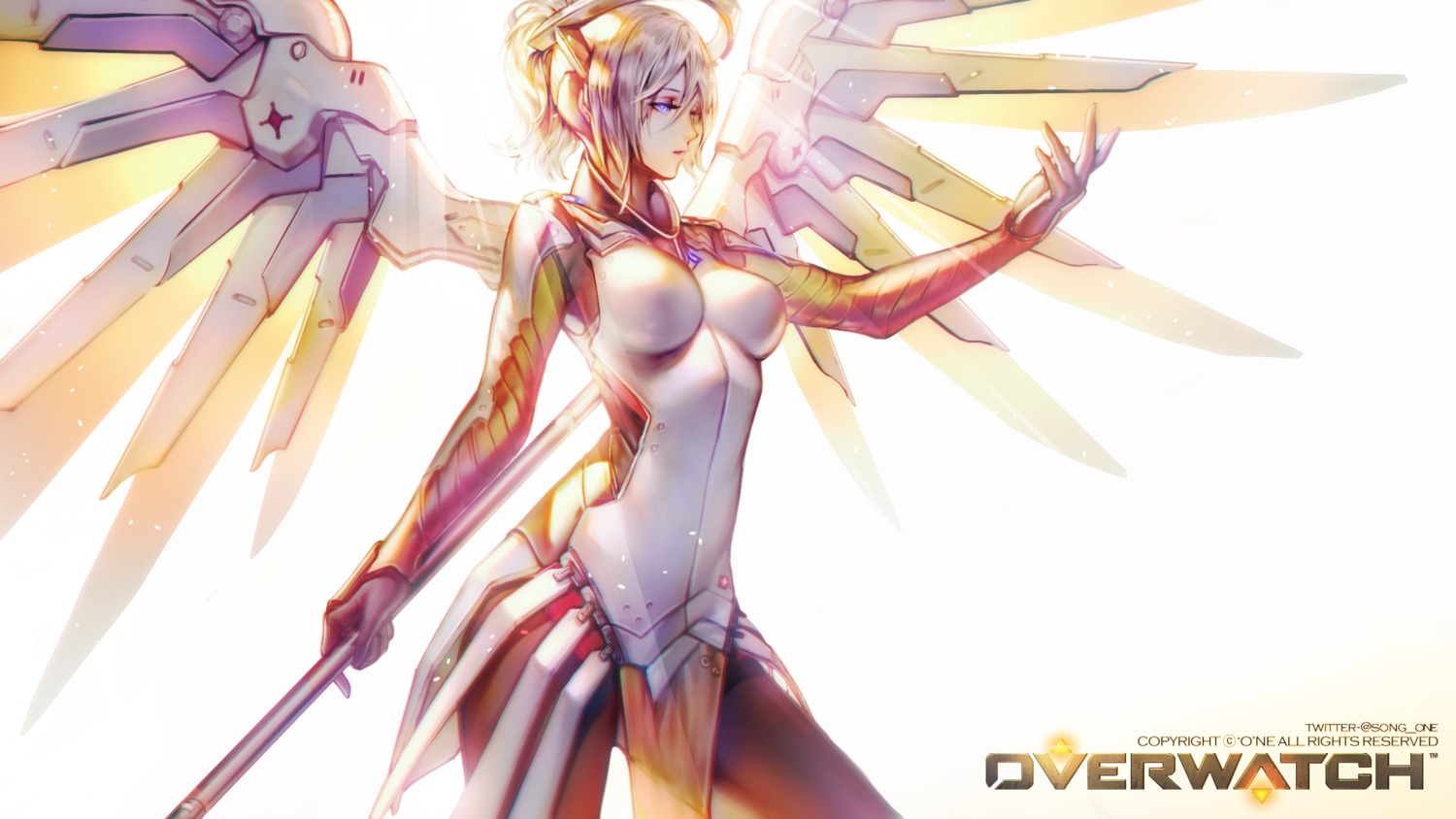 'o'ne, bodysuit, mercy_(overwatch), overwatch, wallpaper, weapon, wings