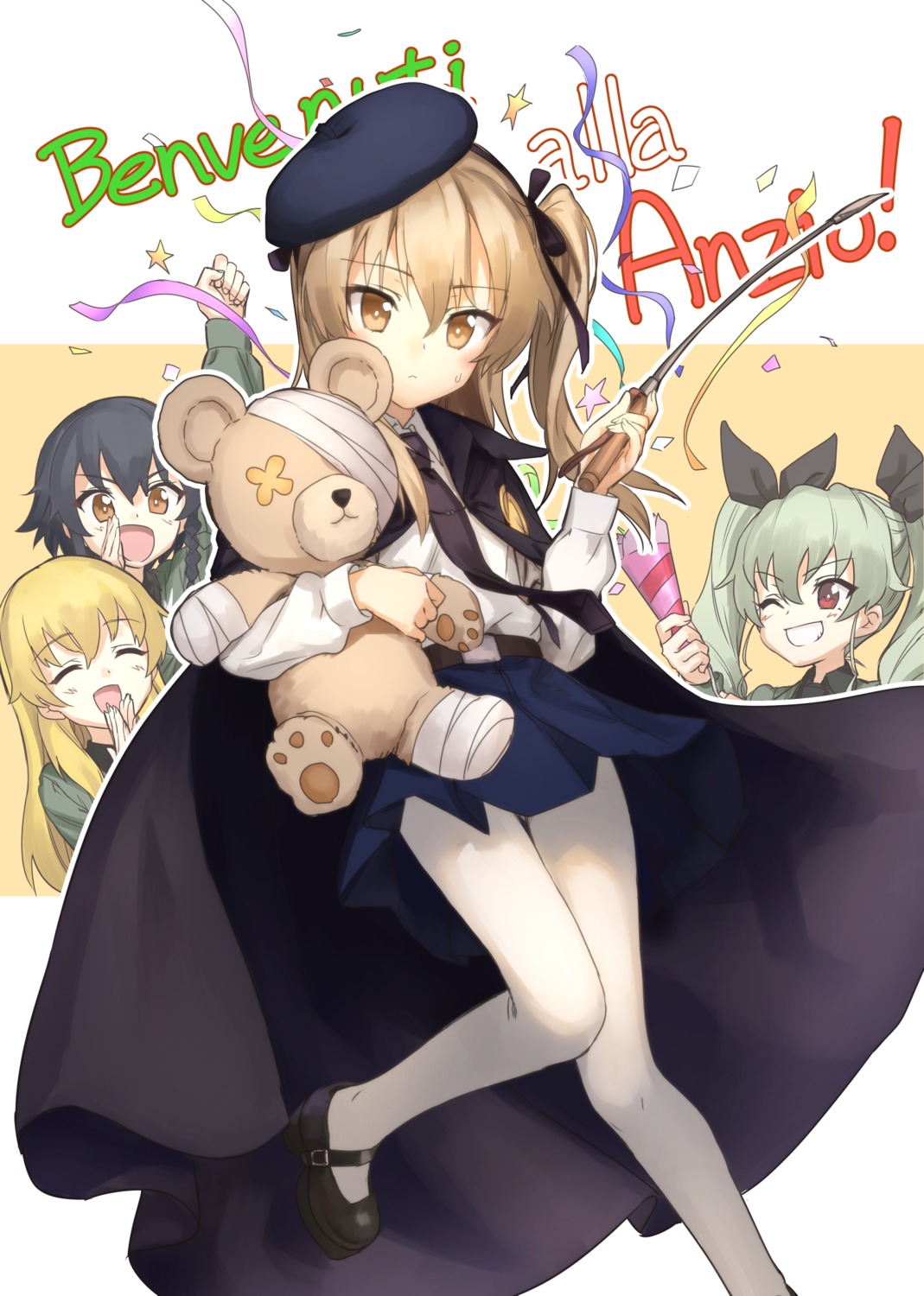 anchovy, bandages, carpaccio, girls_und_panzer, kawakami_rokkaku, pantyhose, pepperoni, seifuku
