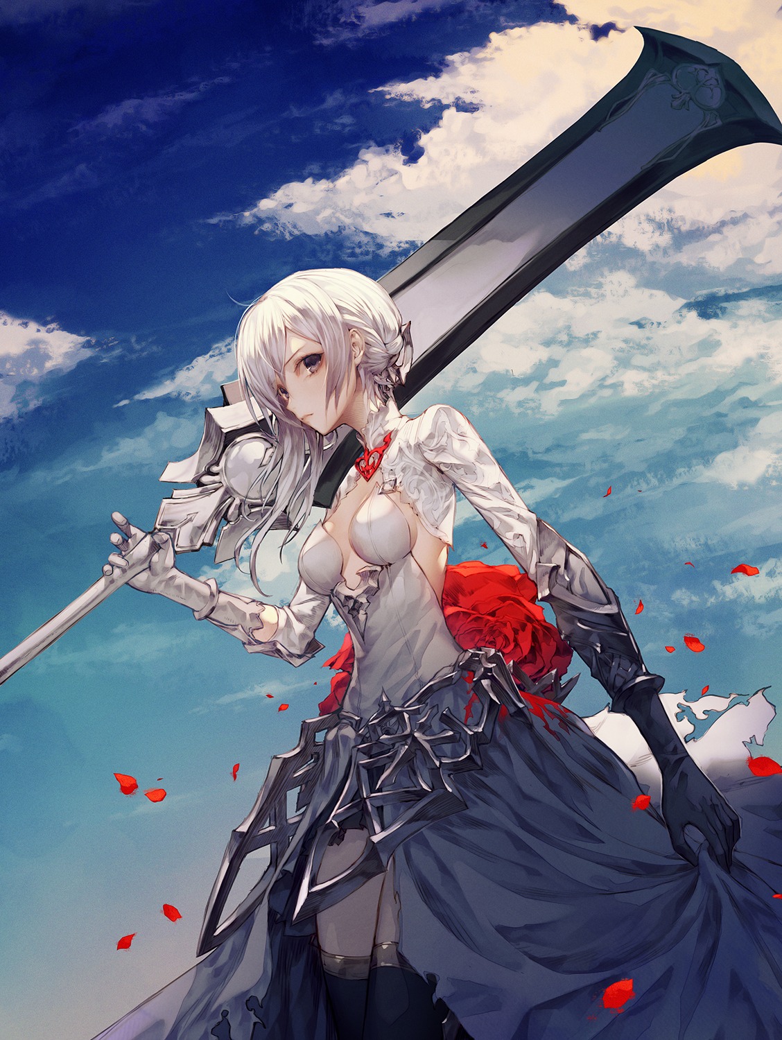 armor, cleavage, dress, no_bra, sinoalice, snow_white_(sinoalice), sword, thighhighs, wanke