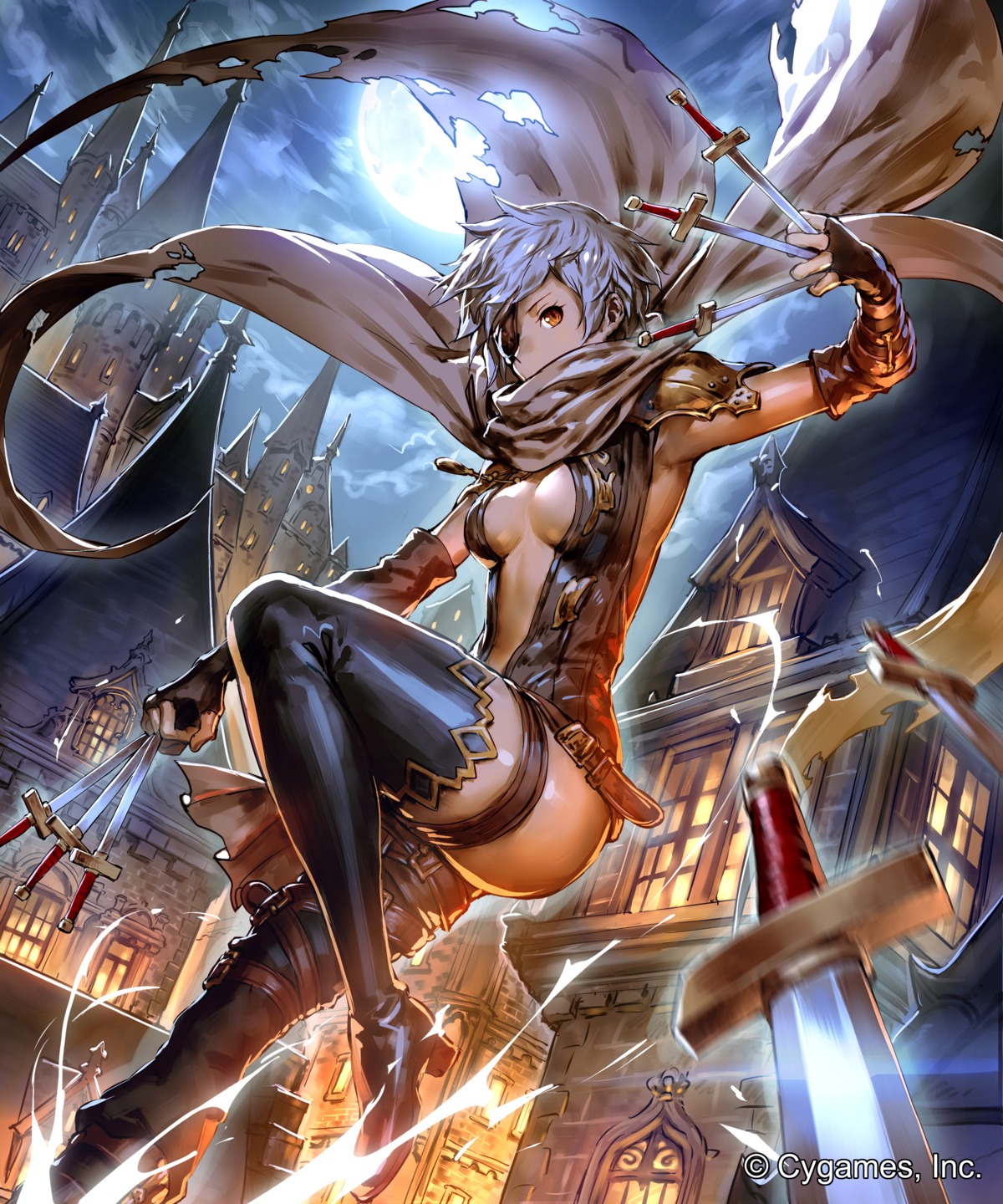 cleavage, eyepatch, garter, granblue_fantasy, heels, no_bra, okada_manabi, open_shirt, tania_(granblue_fantasy), thighhighs, weapon