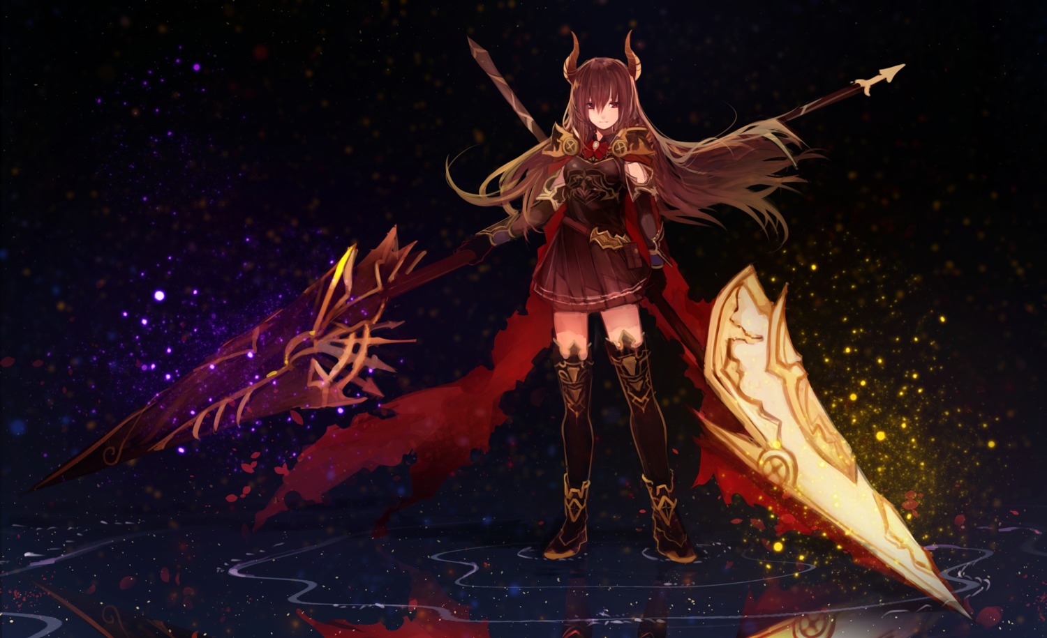 armor, dress, forte_(shingeki_no_bahamut), horns, shingeki_no_bahamut, tarbo_(exxxpiation), thighhighs, weapon