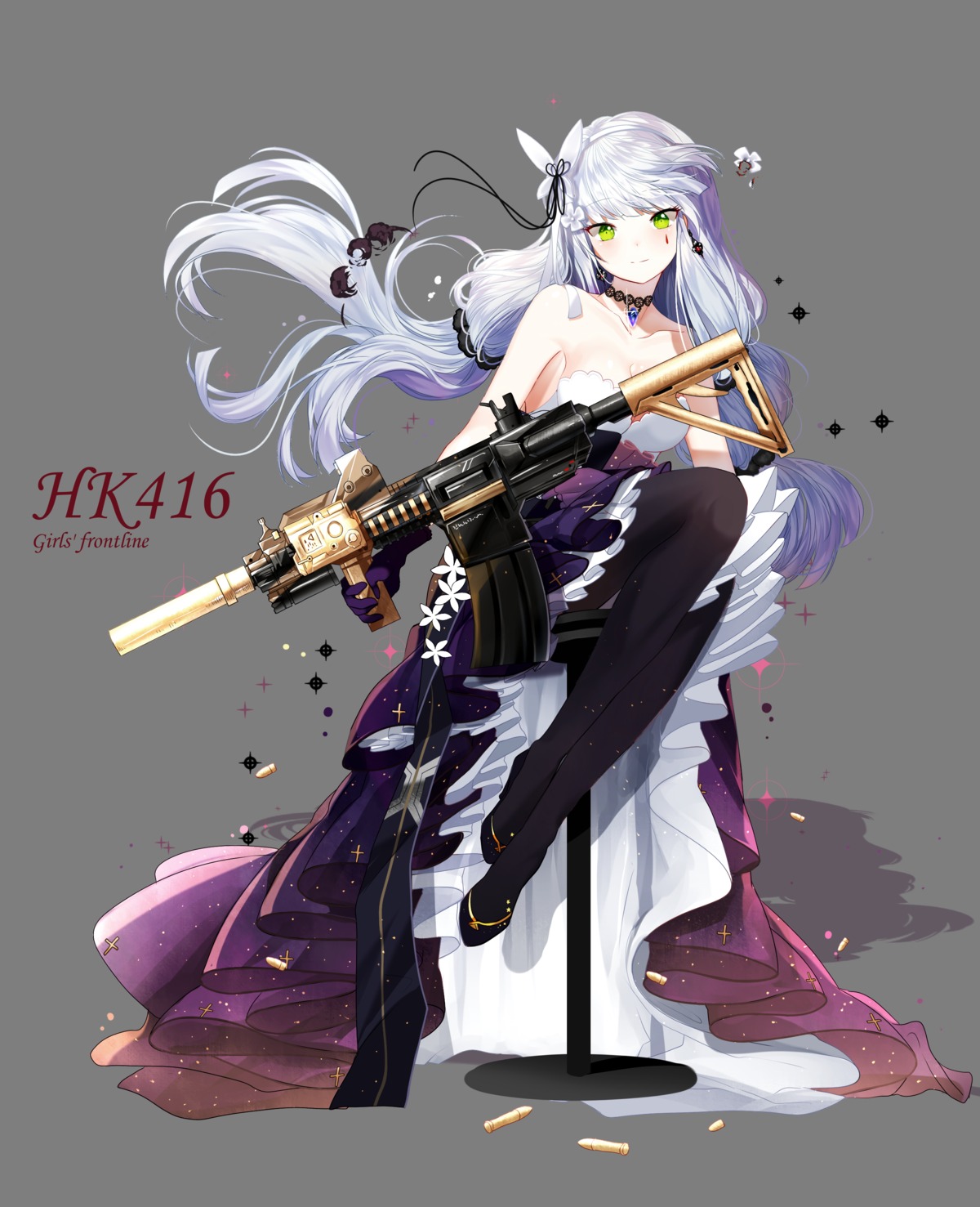 cleavage, dress, girls_frontline, gun, heels, hk416_(girls_frontline), lepoule_(kmjh90), pantyhose, tattoo, transparent_png