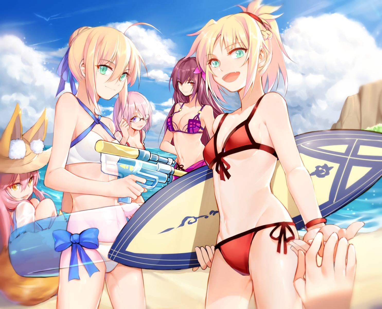 animal_ears, artoria_pendragon_(fate), bikini, cleavage, fate/grand_order, gun, kitsune, mash_kyrielight
