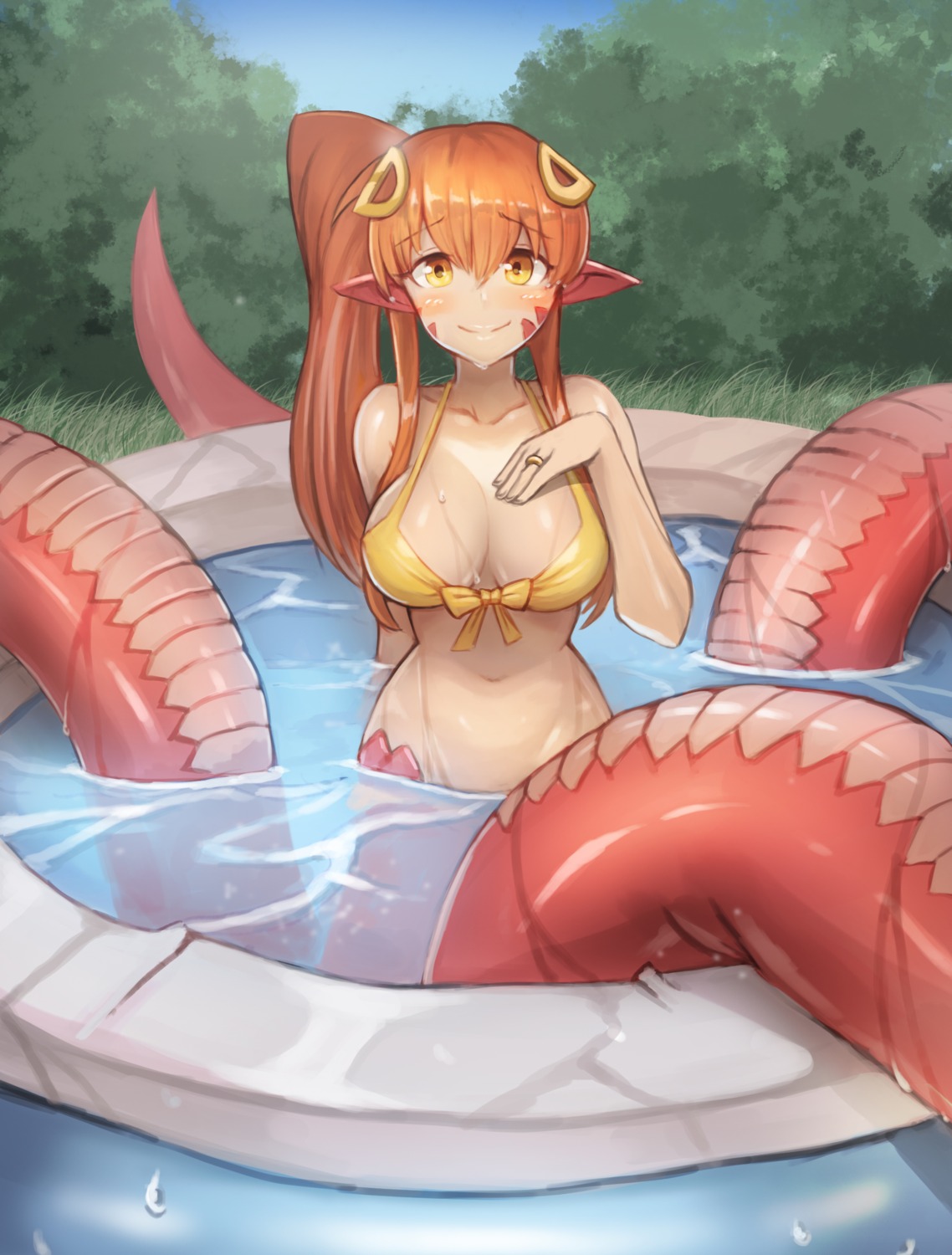 bikini_top, cleavage, miia_(monster_musume), monster_girl, monster_musume_no_iru_nichijou, pointy_ears, sookmo, swimsuits, tail, wet