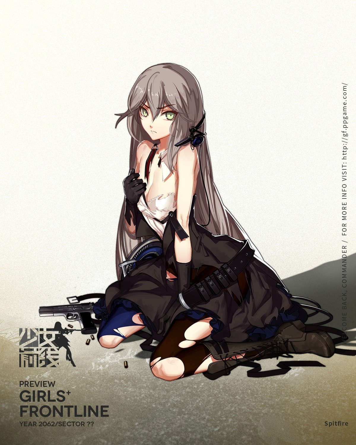 breast_hold, cleavage, girls_frontline, gun, skade, spitfire_(girls_frontline), thighhighs, torn_clothes