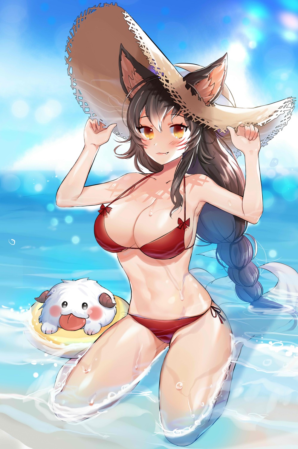 ahri, animal_ears, bikini, cleavage, league_of_legends, nekomimi, shorarung, swimsuits, tail, wet