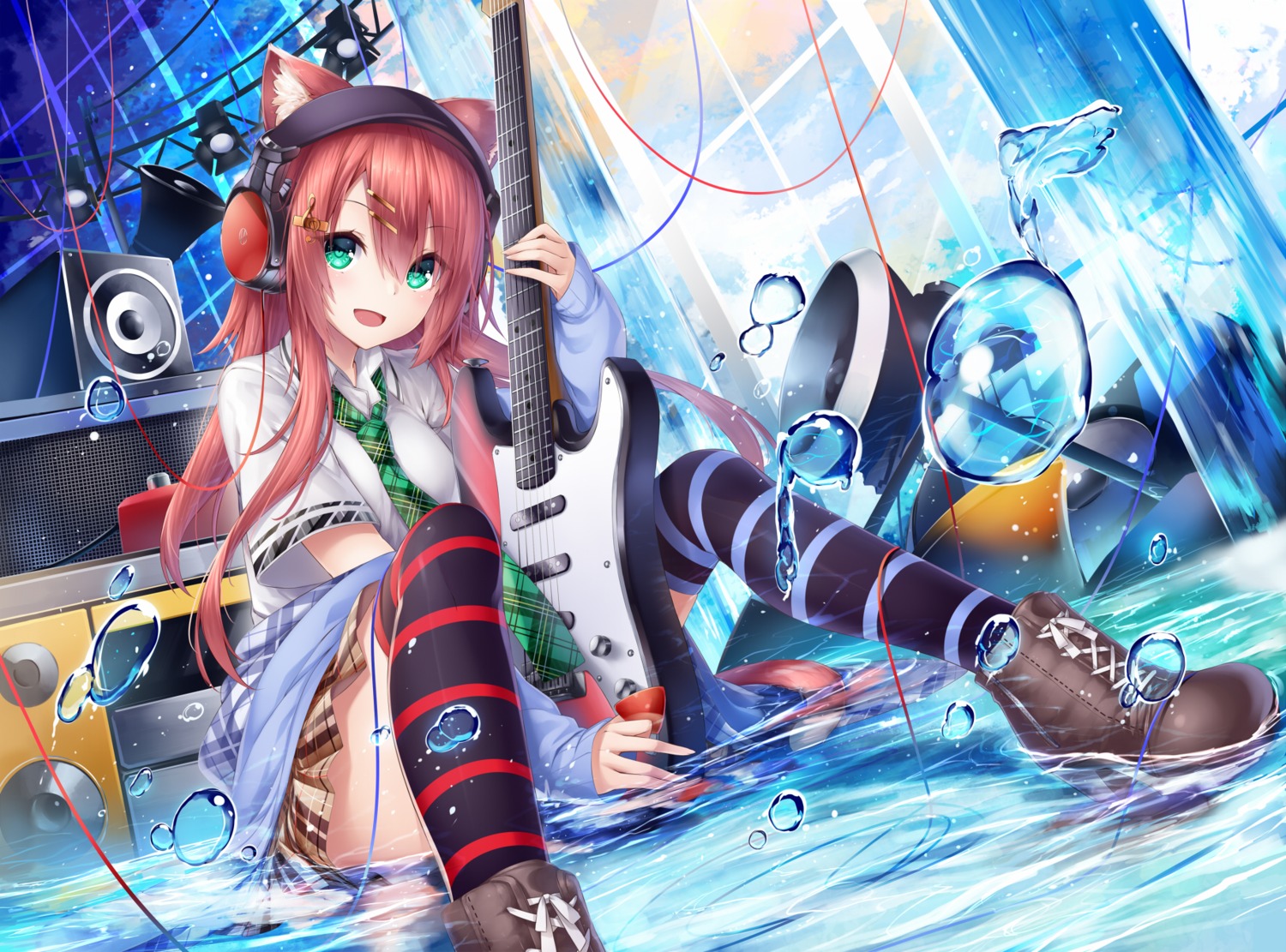 animal_ears, chabaneko, guitar, headphones, nekomimi, seifuku, thighhighs, wet