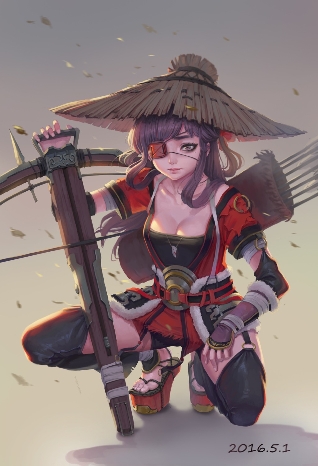 bike_shorts, cleavage, eyepatch, japanese_clothes, luode_huayuan, stockings, thighhighs, weapon