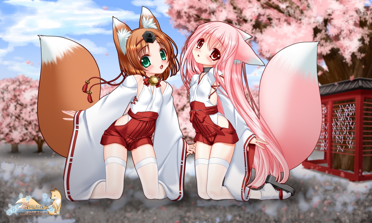 animal_ears, kitsune, miko, nakajima_konta, snow_fox, tail, thighhighs